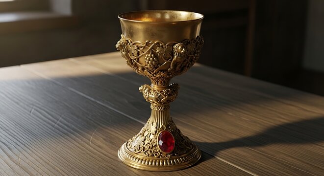 Ornate golden chalice with red gem on wooden surface