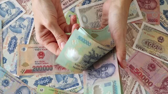 Close up view of woman's hands counting stack of Vietnamese dong paper money bills. Concept of financial accounting, business budget calculation, domestic cash expenses and income in Vietnam.