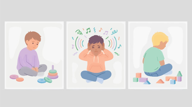 Flat Design Triptych Illustration of Three Young Boys Experiencing Different Emotions, One Sad, One Overwhelmed by Noise, One Withdrawn, Playing with Toys, Graphic Resource