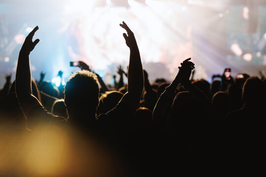 Audience Cheering with Hands Raised at Live Show