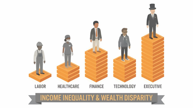 Flat Design Vector Illustration of Income Inequality and Wealth Disparity, Diverse Professions on Stacked Platforms Representing Economic Differences, Graphic Resource