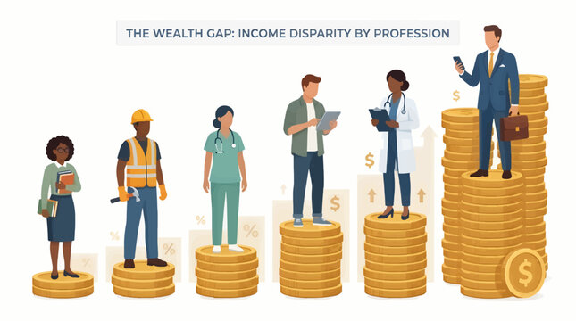 Flat Design Vector Illustration of Diverse Professions on Coin Stacks Showing Wealth Gap and Income Disparity, Conceptual Graphic for Economic Inequality