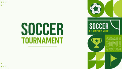 Modern Abstract Green Soccer Championship Background with Geometric Shapes, Football Ball, Trophy, Goal, Corner Flag and Football Field Elements Vector Template © colonyro