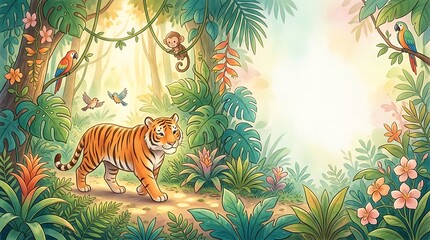 Naklejka premium Tiger in Tropical Jungle Watercolor for International Tiger Day