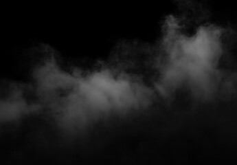 Fototapeta premium Abstract white smoke cloud drifting across a black background, creating a dramatic atmospheric mist texture with soft motion and high contrast.