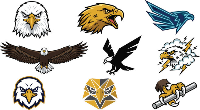 Eagle Mascot Vector Icon Set Featuring Fierce Bald Eagle Heads Flying Hawk Silhouette Geometric Falcon Cyber Neon and Claw Graphic Designs