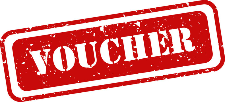 Red voucher stamp with distressed texture on white background promotional discount symbol