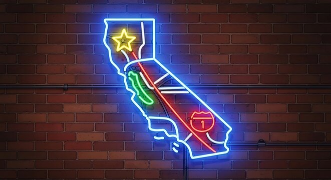 Neon light sign depicting the outline of california state with a cannabis leaf