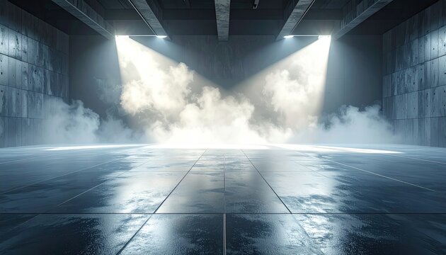 Dramatic Spotlight Illuminating Thick Smoke in Industrial Concrete Hallway.