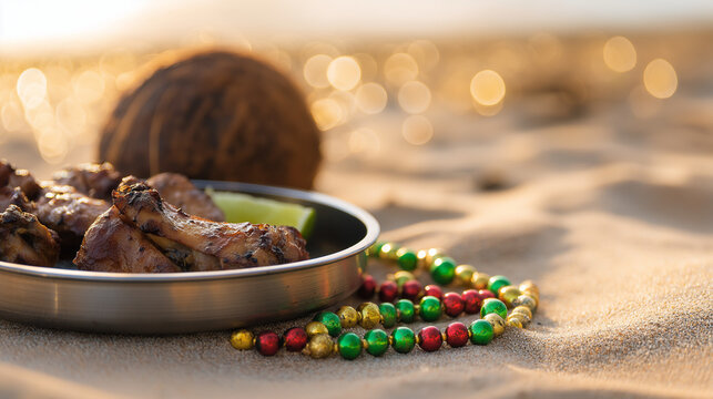 jamaican. Jerk chicken plate with lime, mini steel drum, coconut and beads on beach wood at sunset, Caribbean cuisine concept. inspiring travel planning.