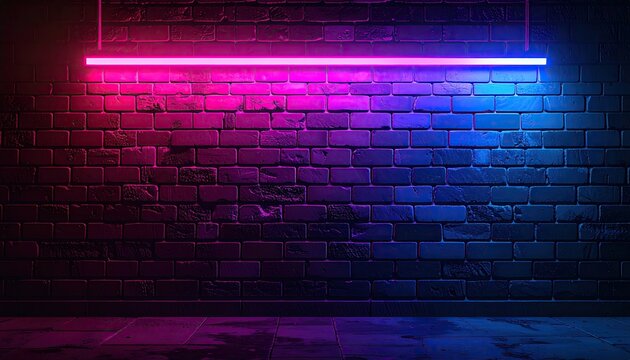 Vibrant Neon Light Illuminates Textured Brick Wall with Reflective Floor.