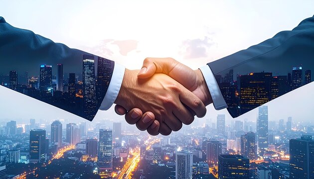 Business Partnership Handshake Over Cityscape Background.