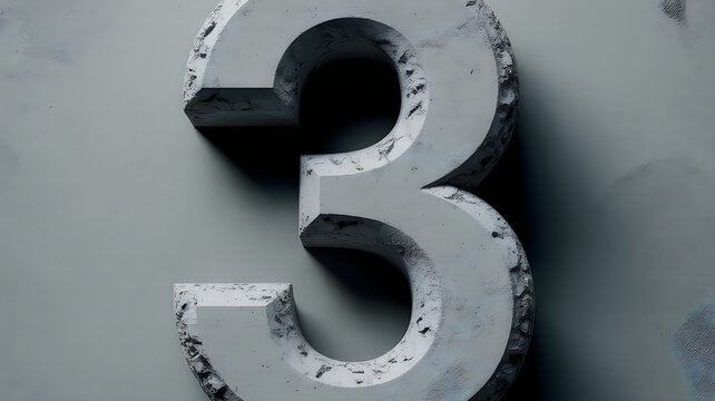 Close-up of large bold number three on gray surface