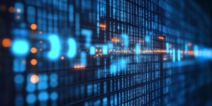 Abstract Digital Background with Binary Code Data Streams and Glowing Blue Futuristic Light Effects.