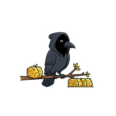 Naklejka premium Cartoon Crow in Hood Perched on Branch
