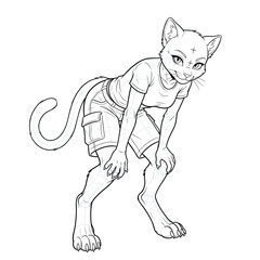 Fototapeta premium Hand drawn sketch of anthro feline pinup peeking over shoulder.