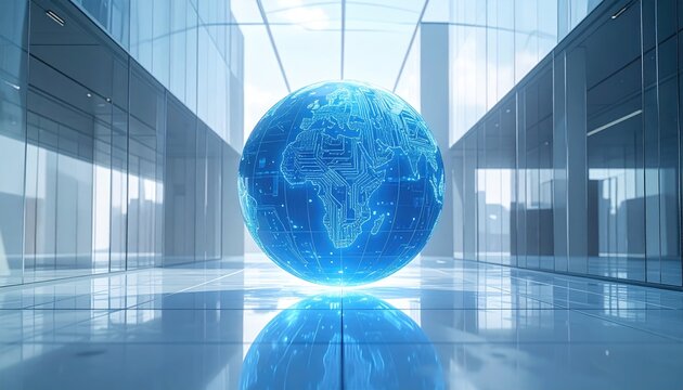 Futuristic Blue Earth Sphere Floating in Modern Glass Building.