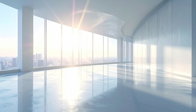 Modern Empty Office Space with Large Windows and City View.