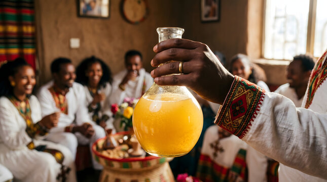 A close up of a hand holding a traditional Ethiopian honey wine flask known as berele during a festive cultural gathering.