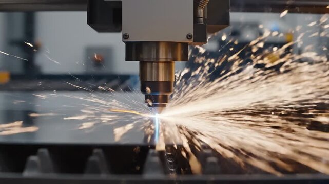 Industrial laser cutting machine precisely shaping metal with bright sparks flying, showcasing precision manufacturing and modern technology