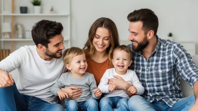 Happy parents with two fathers and a mother laughing with their young children at home Wallpaper Background image