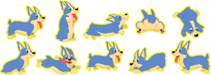 Cute cartoon puppy character collection featuring playful poses and energetic actions. Adorable dog illustrations showcase movement, personality, and charming behavior. Perfect for children’s books, p © Vivid Pixel Studio.