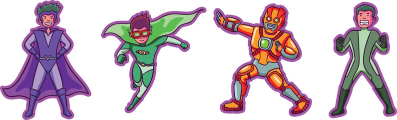 Cartoon superhero character collection featuring diverse costumes and action poses. Colorful comic style heroes showcase strength, courage, and adventure themes. Perfect for children’s books, games, a © Vivid Pixel Studio.