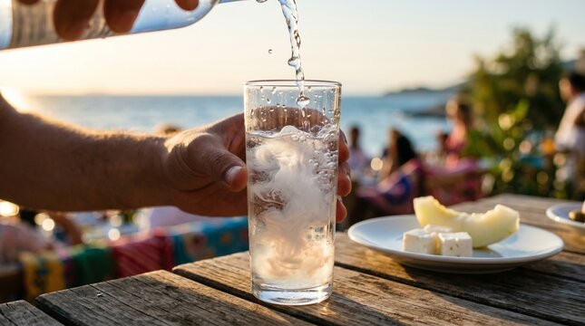 Man pouring water into a glass of ouzo or raki on a rustic wooden table at a seaside restaurant during sunset.