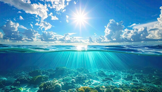 Underwater Coral Reef Ecosystem with Sun Beams Shining Through Ocean Surface.