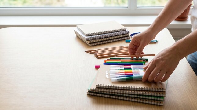 Organizing school supplies including notebooks and markers on table  