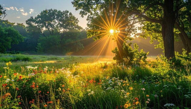 Golden Sunrise Over Lush Meadow With Sunbeams Through Trees.