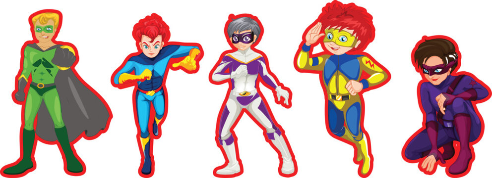 Cartoon superhero character collection featuring diverse costumes and action poses. Colorful comic style heroes showcase strength, courage, and adventure themes. Perfect for children&rsquo;s books, games, a