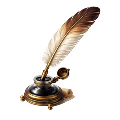 Antique quill pen inserted into an ornate vintage inkwell, featuring a detailed feather and metallic base, isolated on transparent background. © LuvLuv