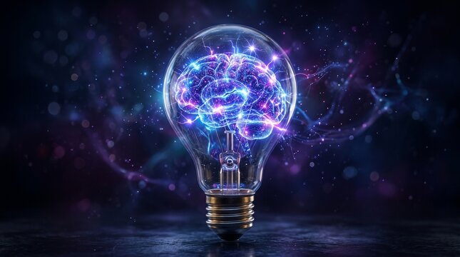 Vivid digital brain inside a glowing light bulb, representing artificial intelligence, groundbreaking ideas, technological innovation, and the future of human ingenuity concepts