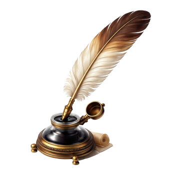 Antique quill pen inserted into an ornate vintage inkwell, featuring a detailed feather and metallic base, isolated on transparent background.