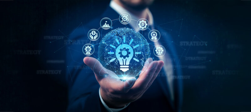 Chief Strategy Officer hands holding roadmap Strategy formulation execution competitive advantage network connections long-term vision business model strategic planning.