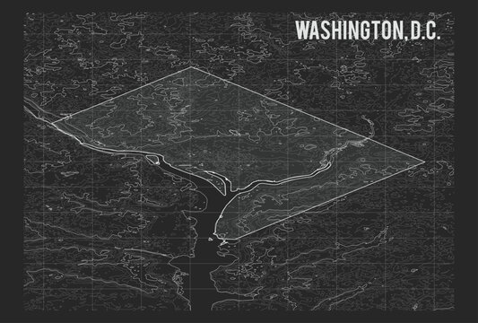 Washington D.C. city map illustration with glowing outline on dark textured background. Modern geographic artwork highlights urban boundaries and spatial data visualization. Perfect for travel graphic