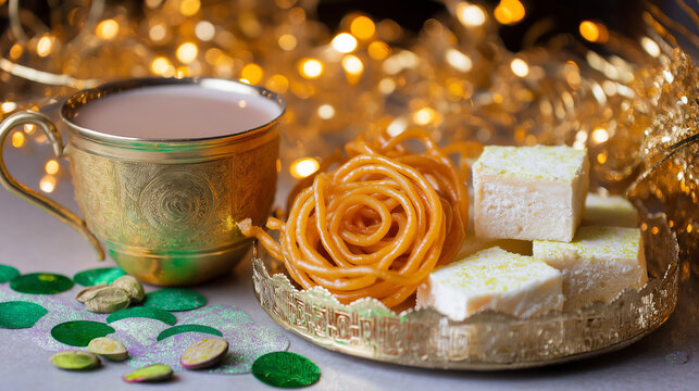 jalebi. Golden jalebi and white barfi on festive plate, edible confetti, chai cup, Pakistani sweets celebration concept for Independence Day. event programs.