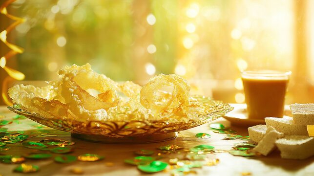 jalebi. Golden jalebi and white barfi on festive plate, edible confetti, chai cup, Pakistani sweets celebration concept for Independence Day. event programs.