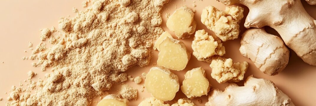Fresh Ginger Root Pieces Served Next To A Heaping Mound Of Finely Ground Organic Ginger Powder.