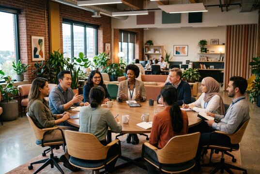 Diverse Business Team Round Table Meeting Modern Office