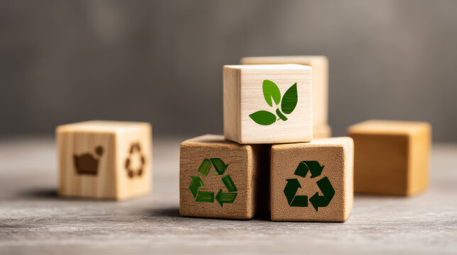 Wooden blocks with recycling symbols and nature designs placed on a gray surface during a creative session for promoting environmental awareness