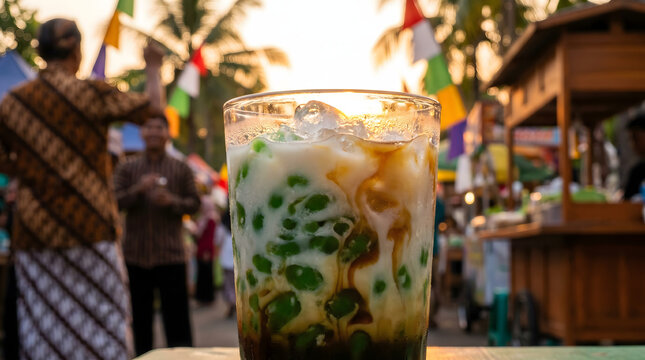 Indonesian iced sweet dessert Es Cendol with green rice jelly coconut milk and palm sugar served at a traditional street market during sunset