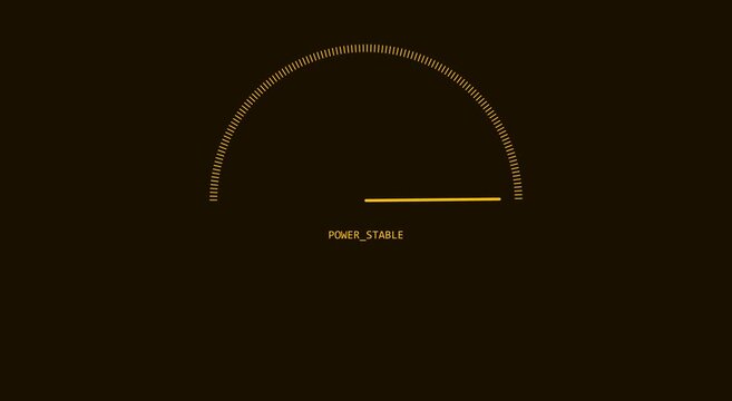 Digital power gauge interface with fluctuating needle and stable status indicator animation