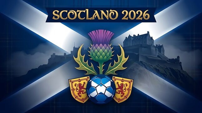 Scotland 2026, thistle emblem, Scottish flag, castle background