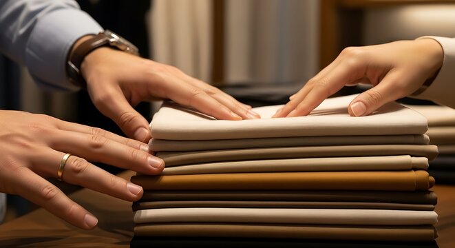 Professional hands stacking and organizing folders and documents at a wooden desk