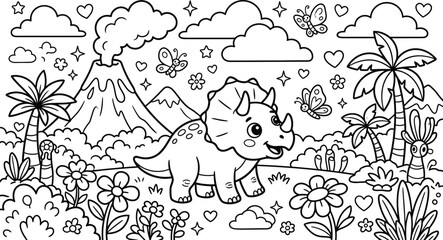 Fototapeta premium Triceratops dinosaur coloring page for kids with volcano flowers and butterflies