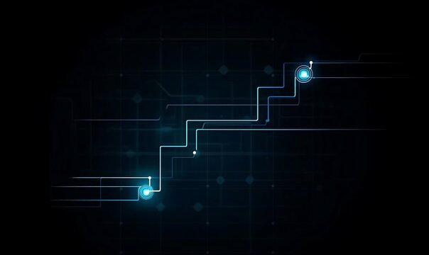 Digital ascending graph with light blue lines and bright nodes on a dark grid background.