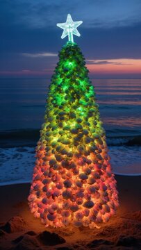 Glowing, lit-up Christmas tree stands tall in sand at sunset.