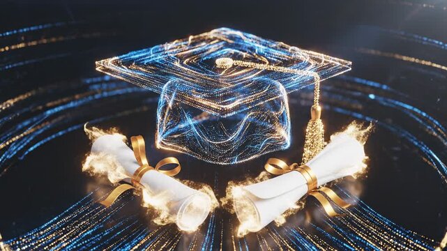 digital graduation cap and diploma scrolls, education success, knowledge achievement, university graduation ceremony, academic success, celebrating commencement